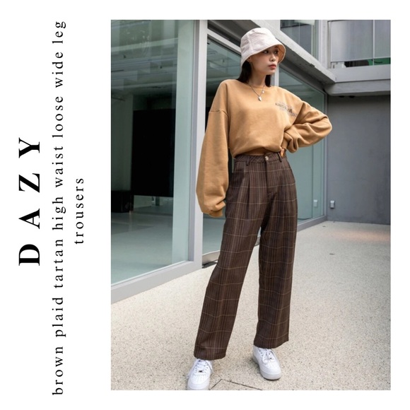 dazy β’ high waist brown plaid tartan loose wide leg pant trousers - Picture 7 of 16